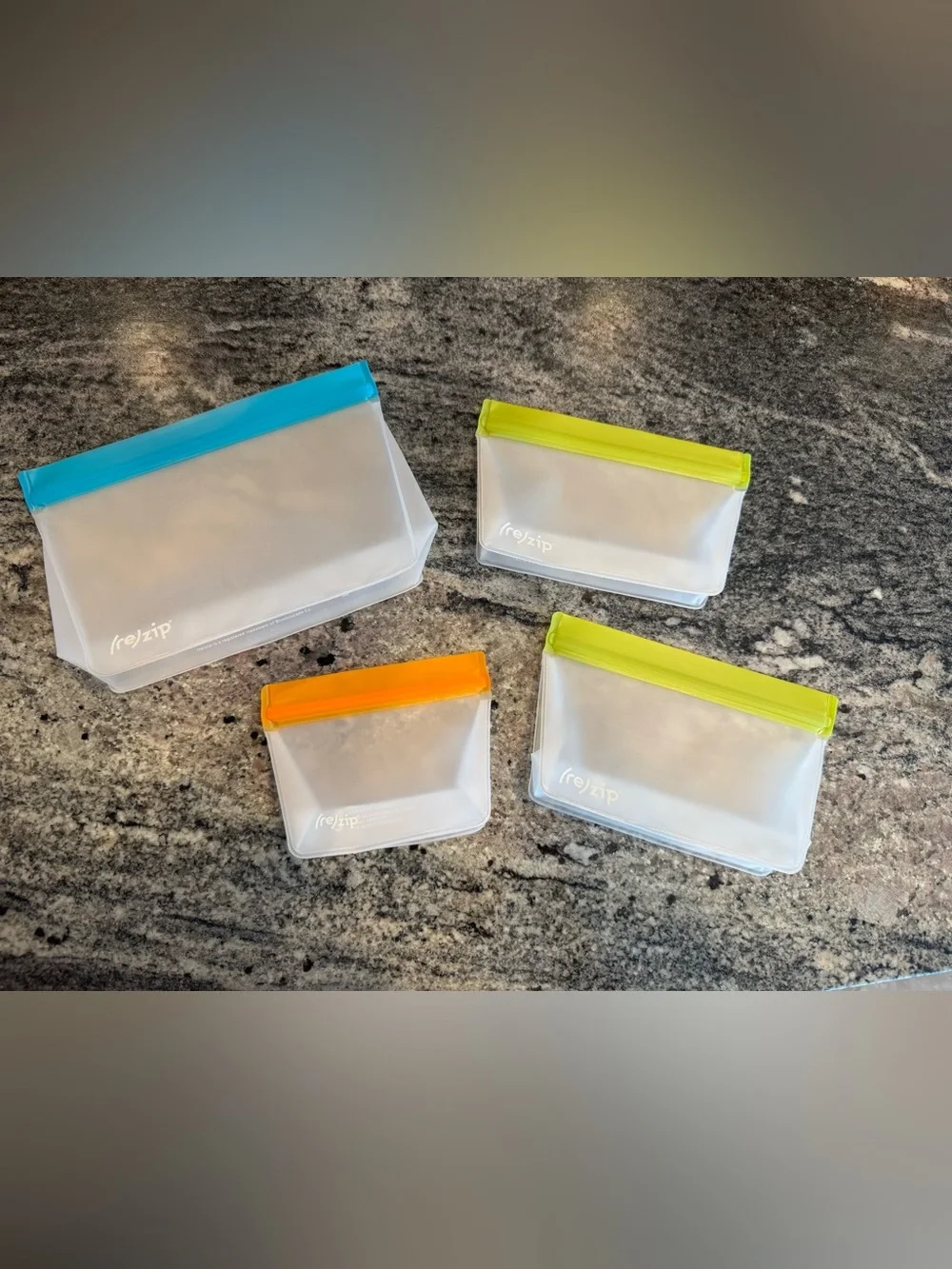 Rezip Reusable Stand Up Bags Set of Four Aqua Green Orange NWOT
